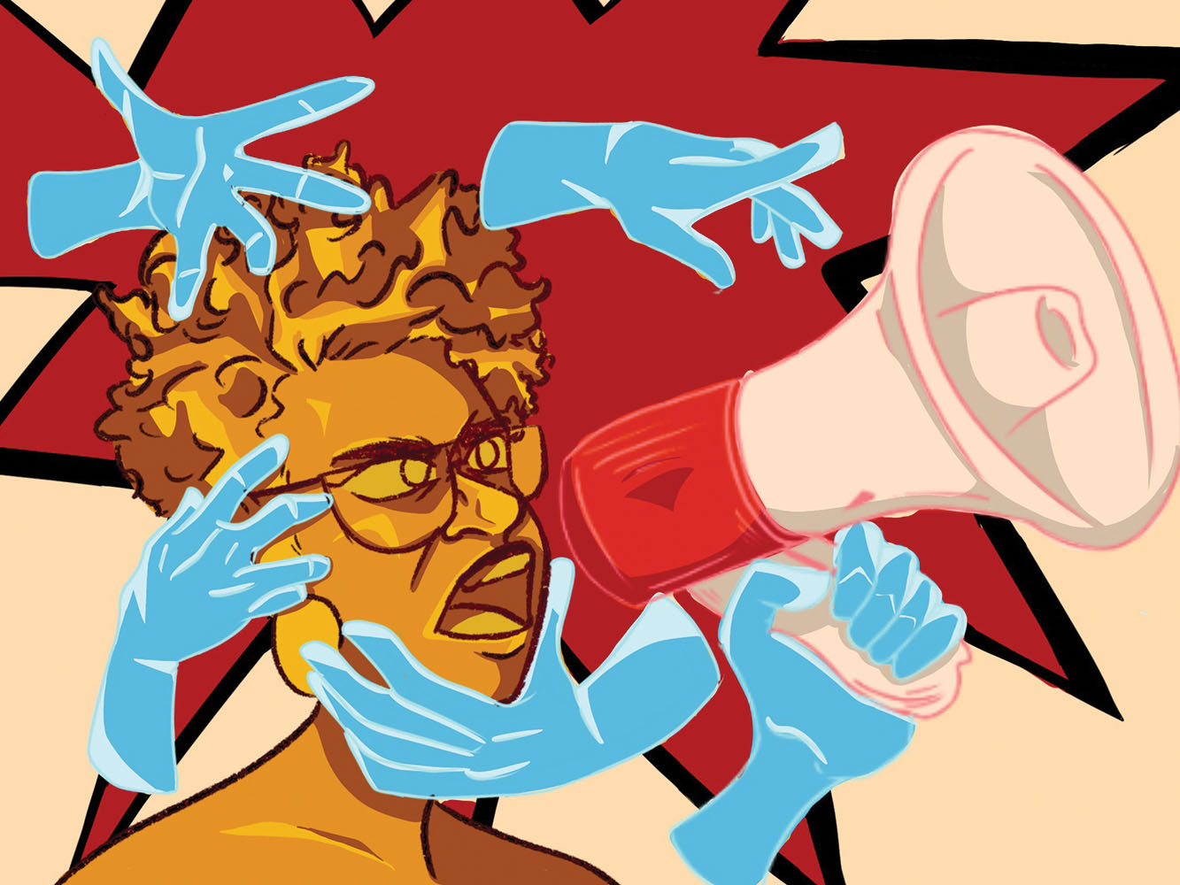 Illustration of a figure with an afro shouting into a megaphone. Blue hands appear in the image.