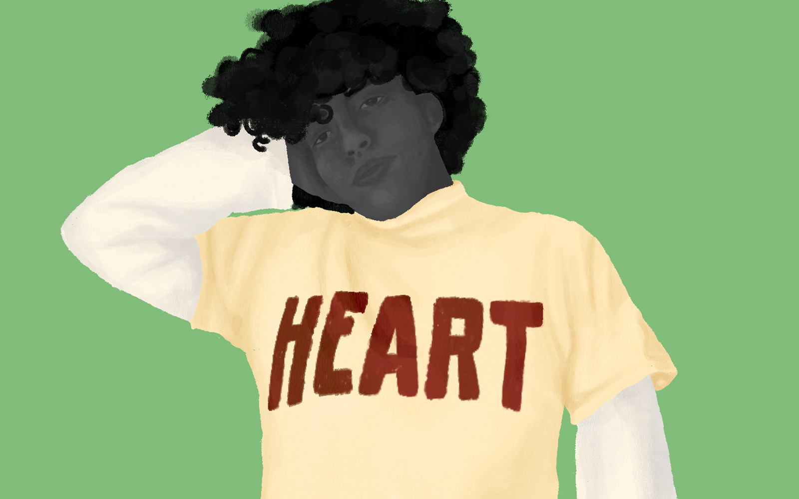 Painting of a person with a t-shirt that says "Heart"
