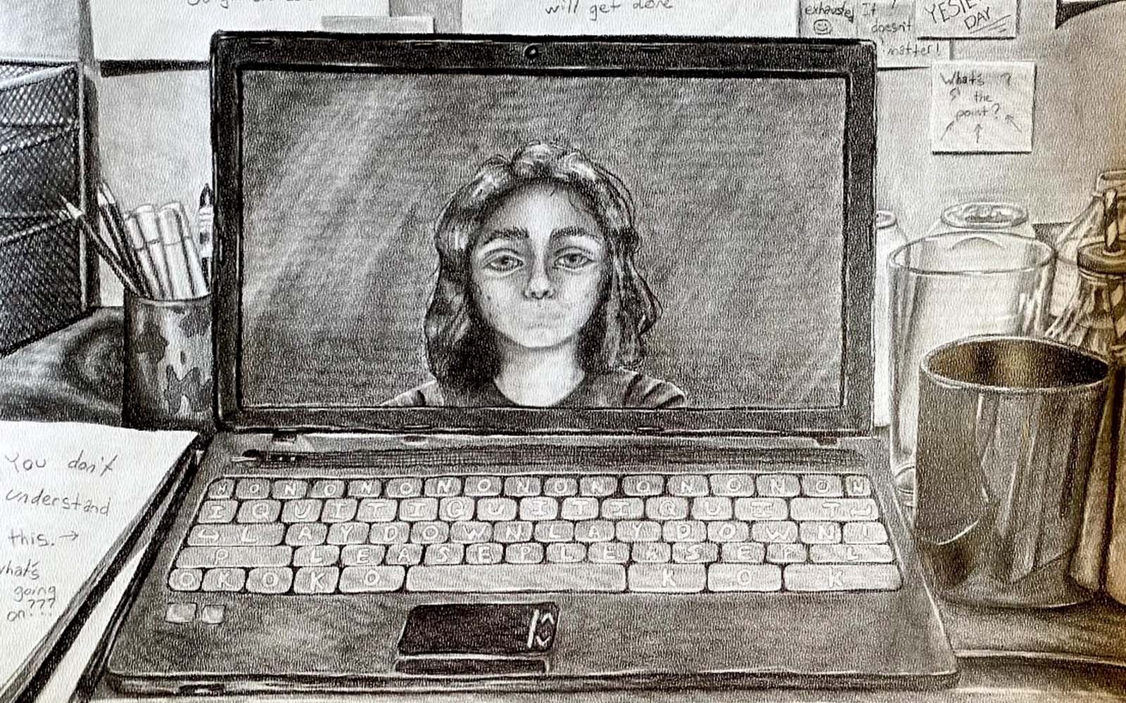 Black and white illustration of a person on a laptop screen