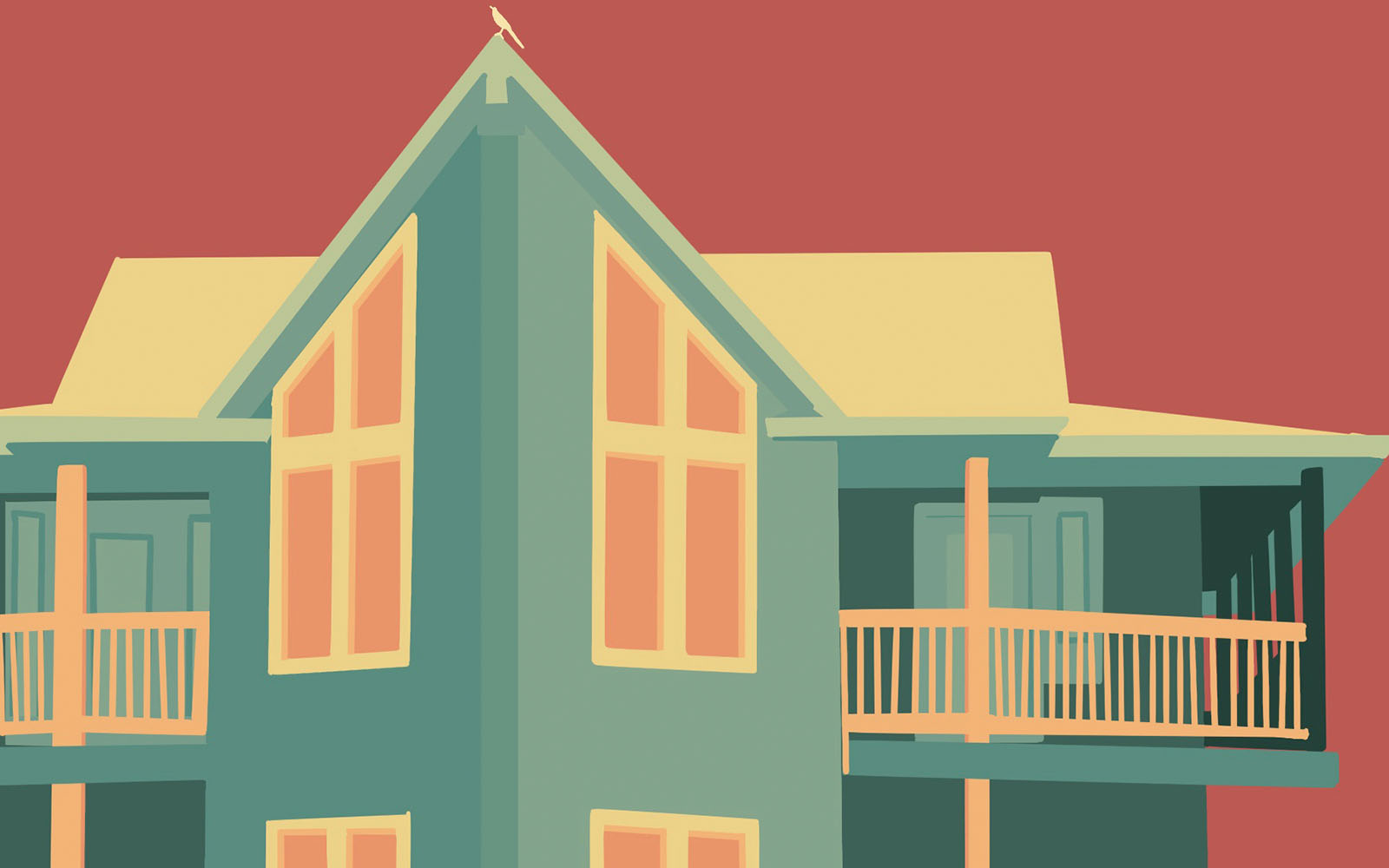 Digital illustration of a blue, yellow and pink house with a bird on the gable.