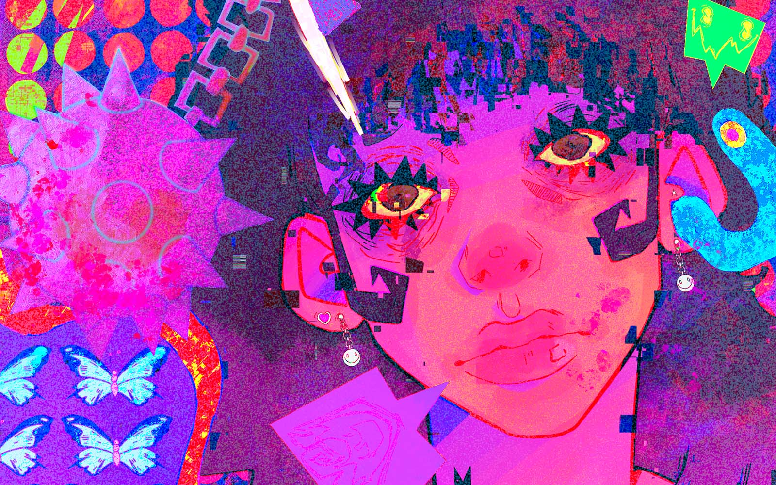 Digital illustration of a face in neon-bright pink, blue and red colors