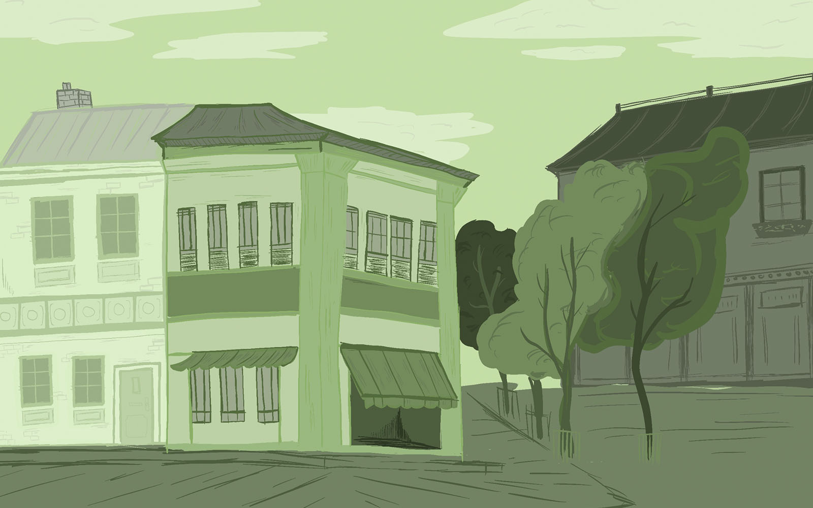 Illustration of a green-tinted street with trees and apartments.