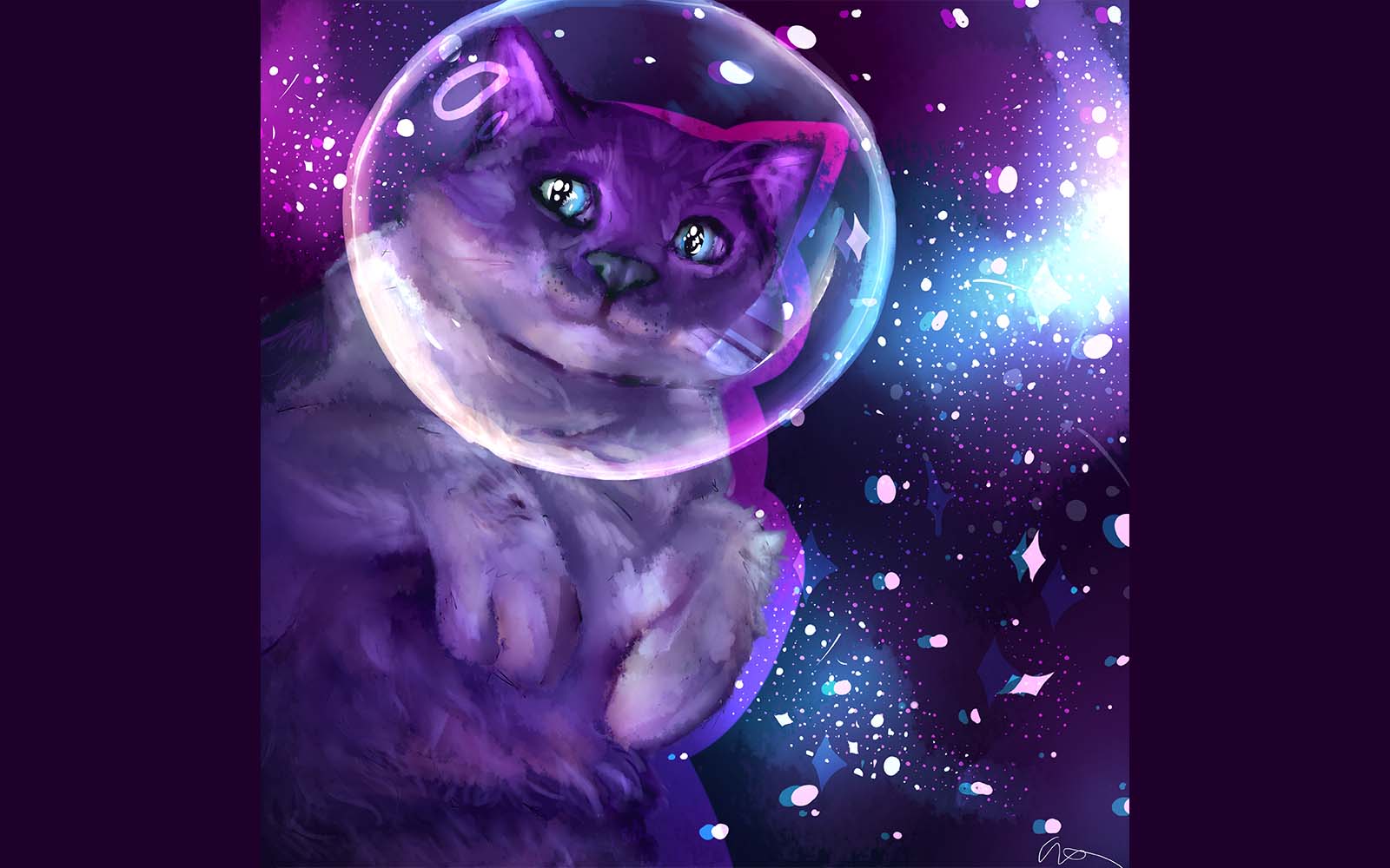 Digital illustration of a cat in space wearing a transparent bubble helmet