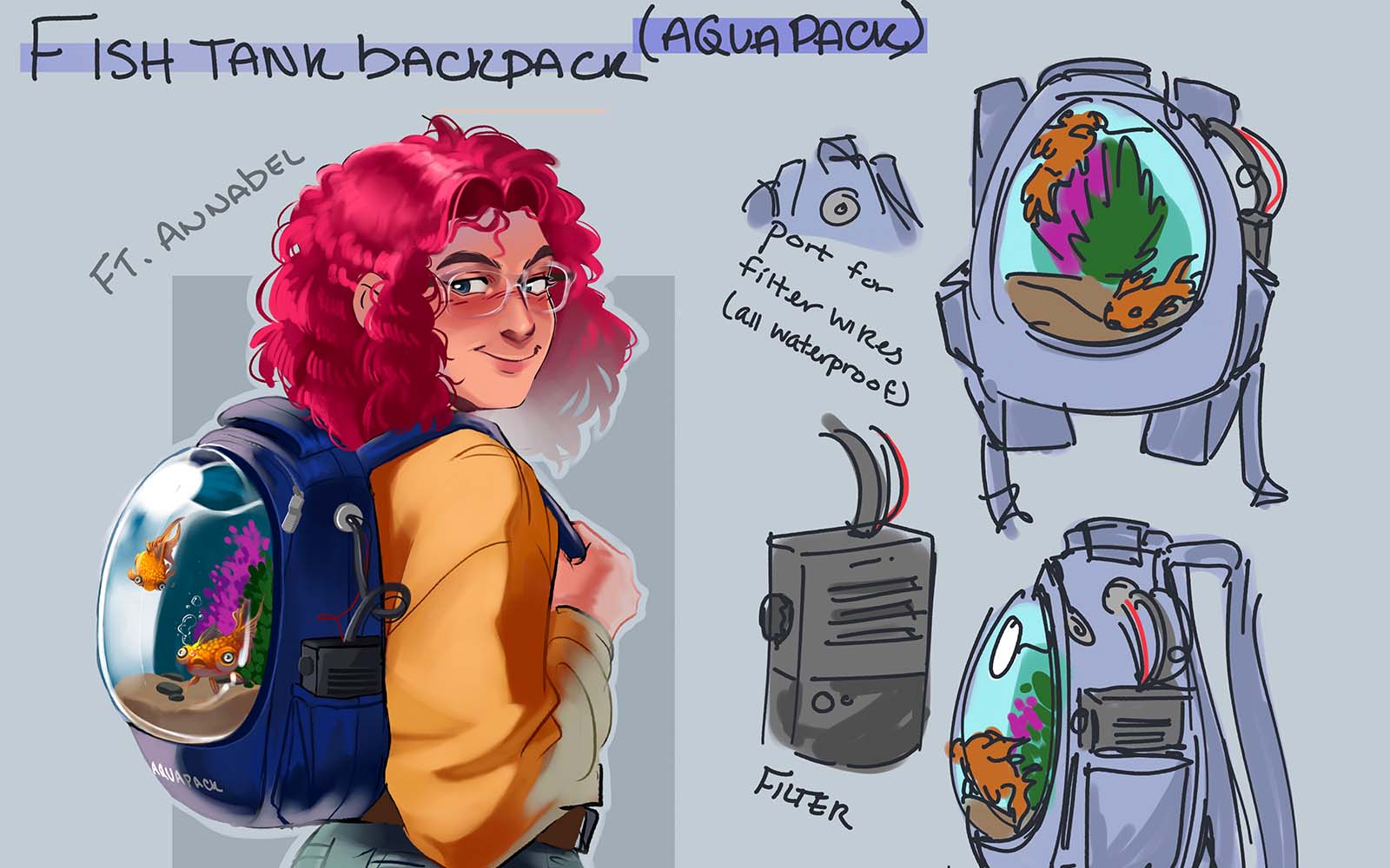 Product sketch of a fishtank backpack.
