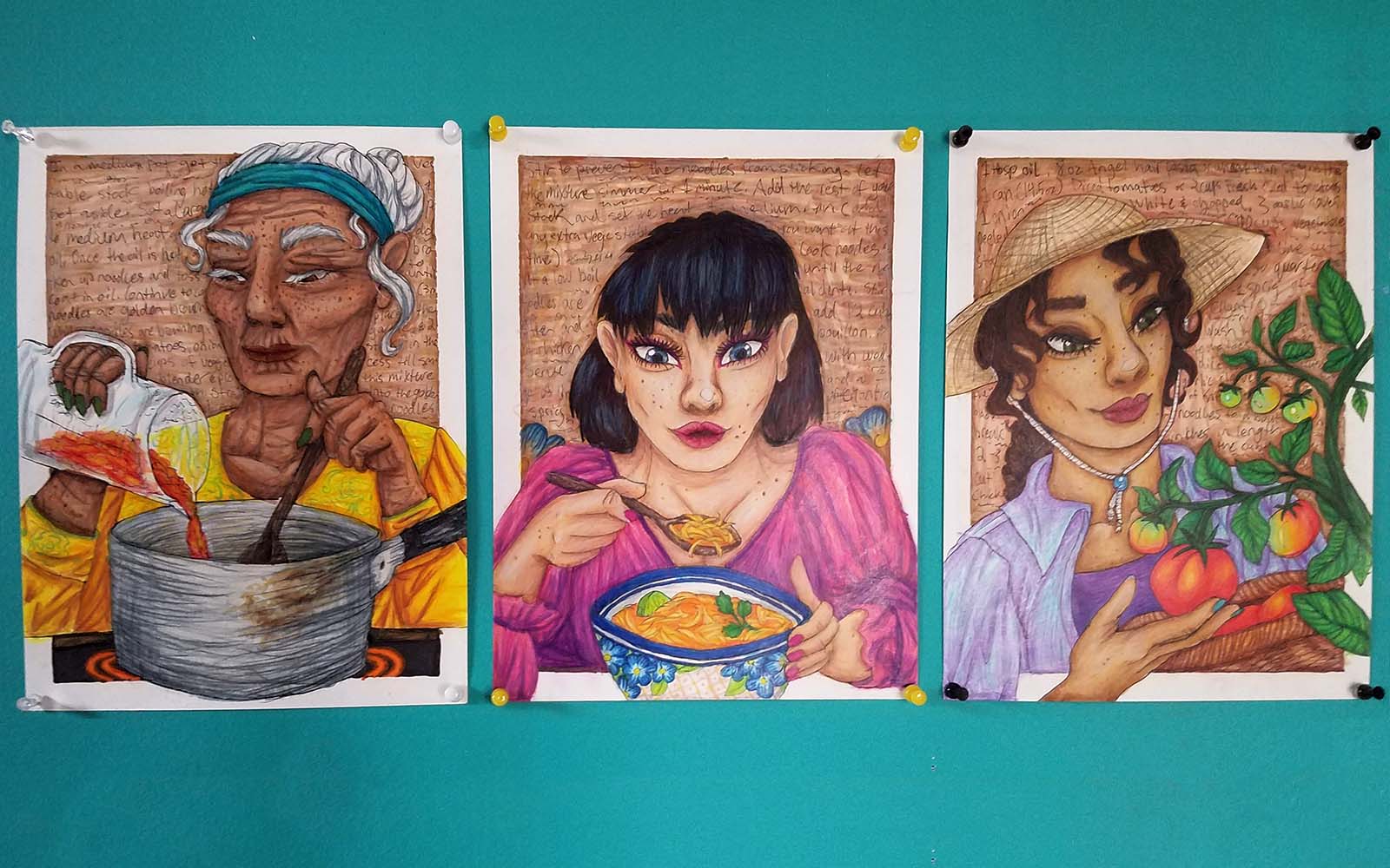 A trio of illustration of three people cooking, eating and harvesting food.