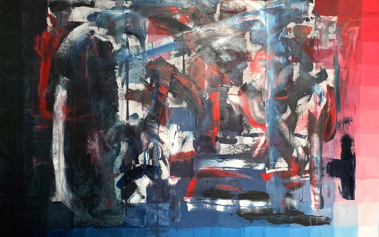 An abstract painting of red, white, blue and black.