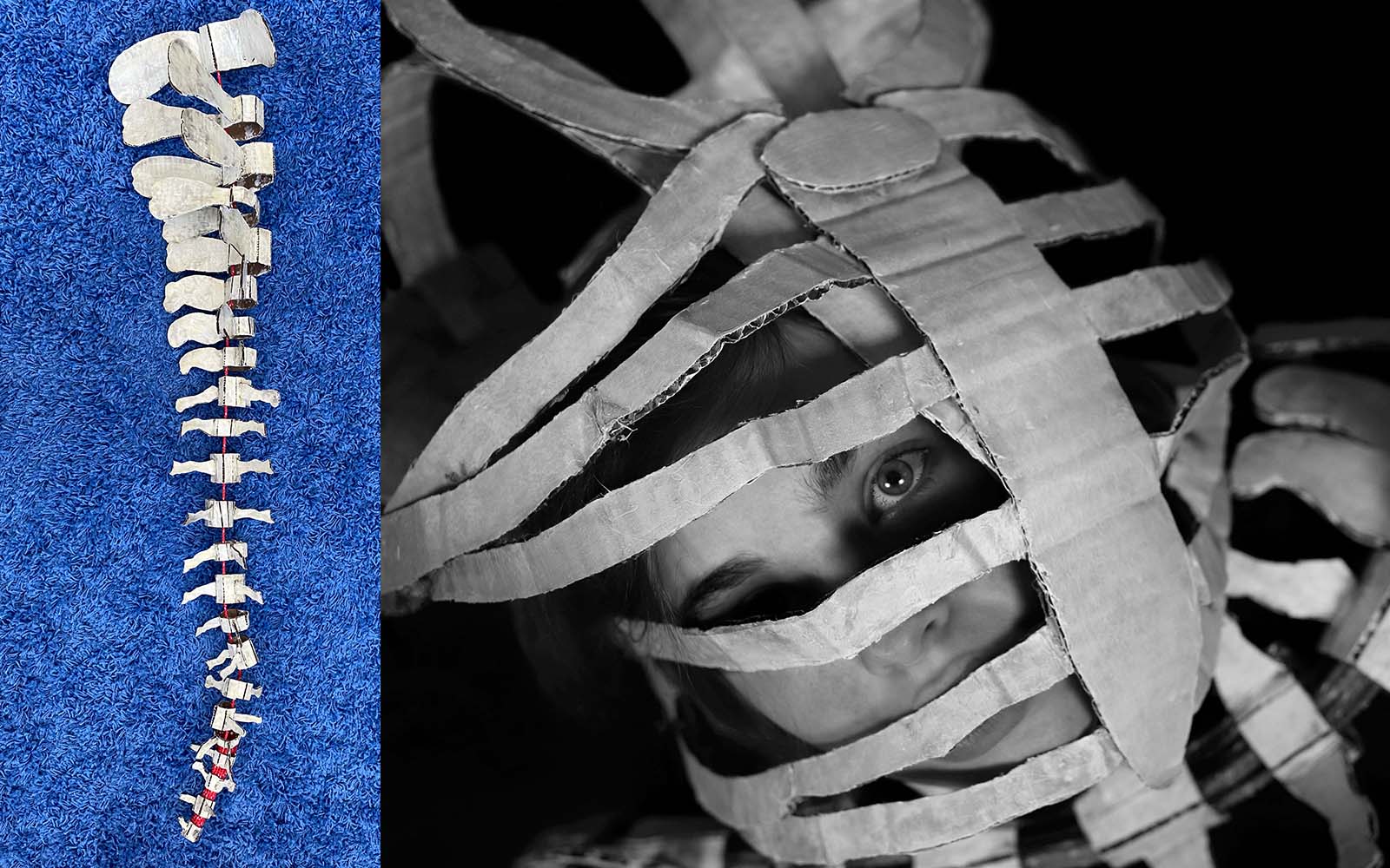 Photograph of a spinal column made of cardboard next to a photo of a face looking through cardboard ribs.