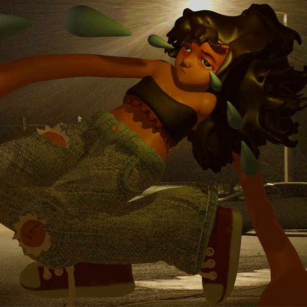 Digital illustration of a figure in the street crying large green tears.